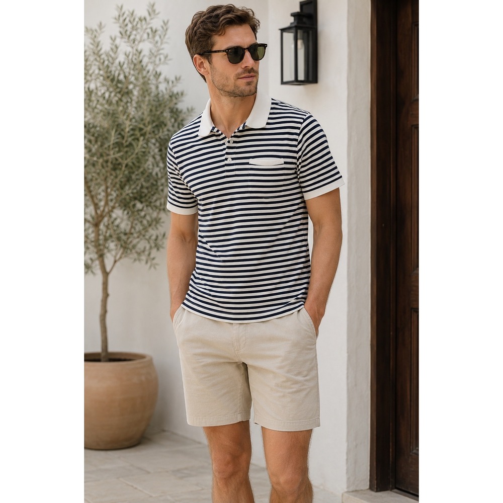 J.Crew Mens Stretch Pique Polo Shirt Navy Blue White Striped Size L Pocket